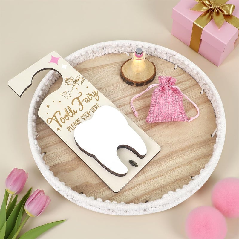 AINBIN Tooth Fairy Door Hanger, Tooth Fairy Tooth Holder Kit with Money Slot Keepsake Bottle Burlap Pouch & Upgrade Night Light, Wooden Encourage Gift for Kids Children Boys Girls Lost Teeth (Pink) - Image 4